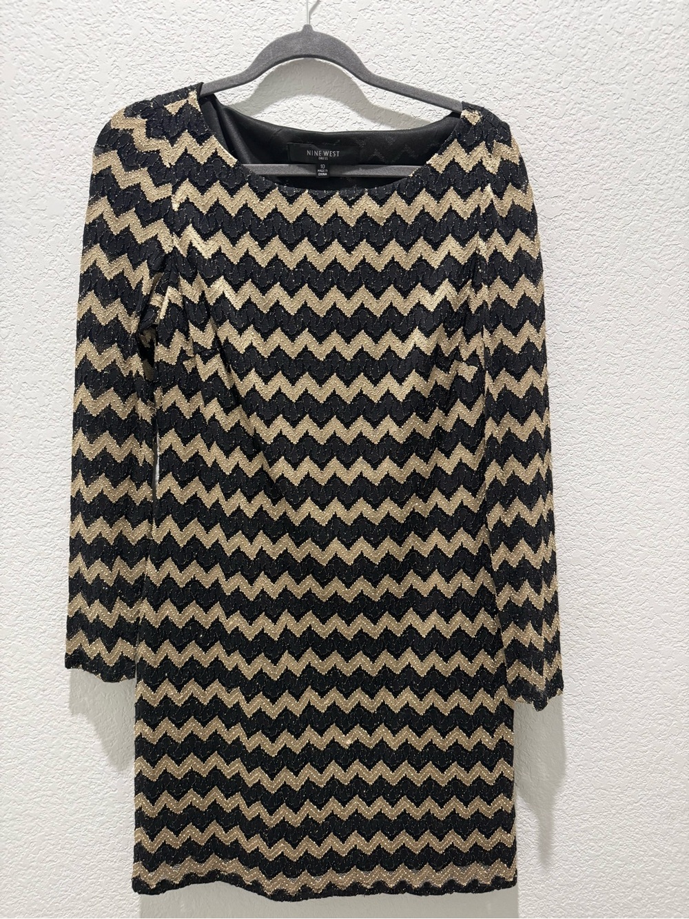 Nine West Black and Gold Chevron Long Sleeve Dress